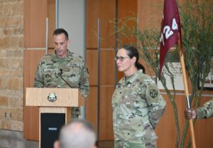 Lt. Col. James Robinson, commander, 7222nd Medical Support Unit, addresses the audience during a Relief in Place/Transfer of Authority ceremony for the Medical Support Unit at Carl R. Darnall Army Medical Center July 15.