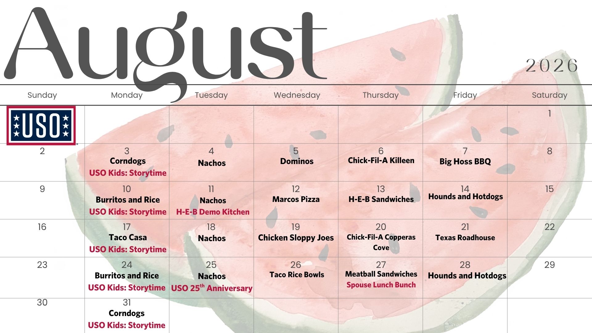 USO Fort Hood July Calendar