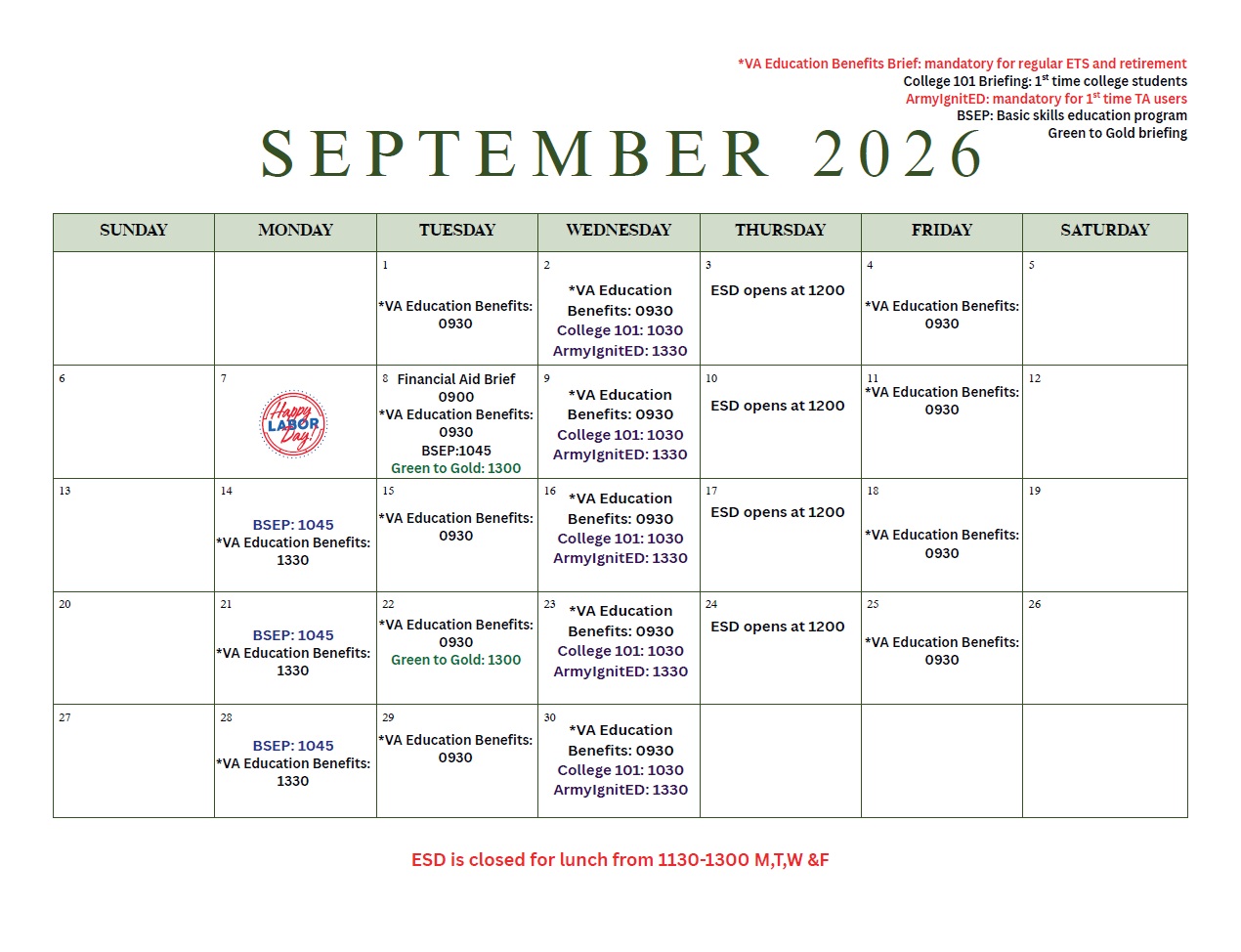 Fort Hood Education Services Division September Calendar